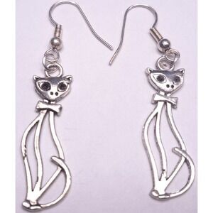 Sophisticat Tall Cat Earrings Ear Rings Rhinestone Eyes Silvertone Kitty Kitten